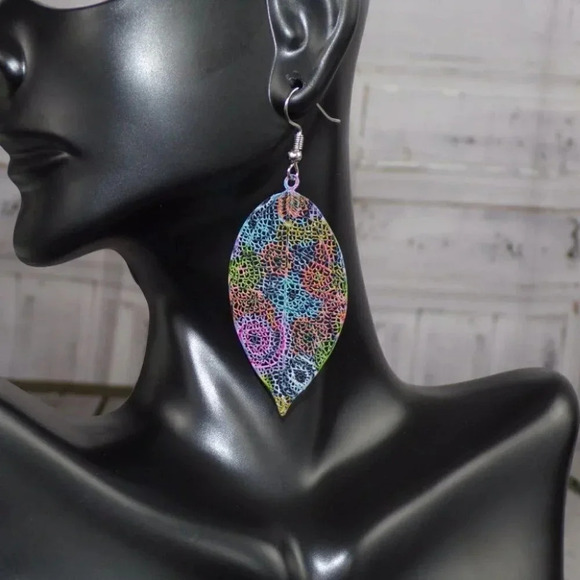 Beautiful Skeleton Leaf Dangle  Multi-Colored Earrings - Picture 3 of 4